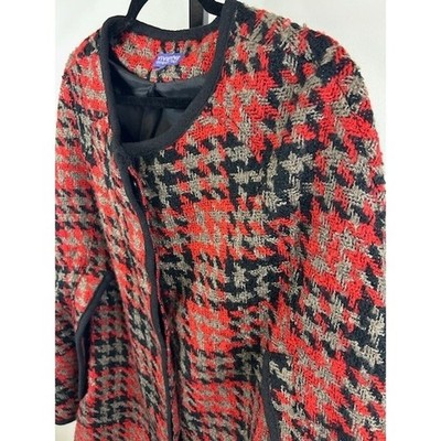 Vivienne Tam Women's Size 12 Red Houndstooth Tweed Collarless Cape Jacket - Image 2