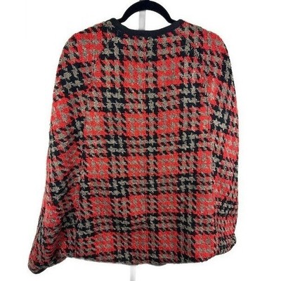Vivienne Tam Women's Size 12 Red Houndstooth Tweed Collarless Cape Jacket - Image 3