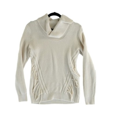 White House Black Market Sweater Womens Size Small Cream Cowl Neck Fringe Chunky - Image 2