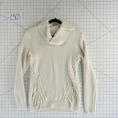 White House Black Market Sweater Womens Size Small Cream Cowl Neck Fringe Chunky - Image 7