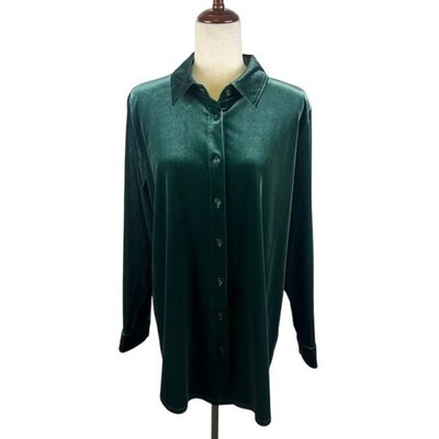 Soft Surroundings Velvet Tunic Button Up Shirt Top Green Long Sleeve Size Large