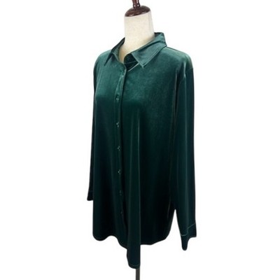Soft Surroundings Velvet Tunic Button Up Shirt Top Green Long Sleeve Size Large - Image 2