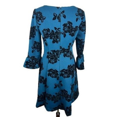 Jessica Howard Blue Floral Velvet Accents Bell Sleeve Fit & Flare Dress Size 8 - Image 3