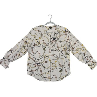 Ann Taylor Equestrian Blouse Women's Size Large White Chain Belt Print Too - Image 2