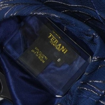 Terani Couture Maxi Evening Dress Women's Size 8 Navy Metallic Swirl - Image 5