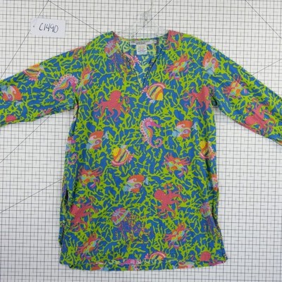 Gretchen Scott Designs Blouse Tunic Top Women's Large Blue Octopus Sea Cotton - Image 7