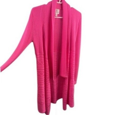 Julie Brown Long Sweater Women's Size M/L Hot Pink Cable Ribbed Open Cardigan - Image 3