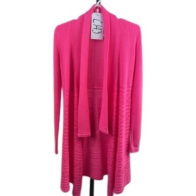 Julie Brown Long Sweater Women's Size M/L Hot Pink Cable Ribbed Open Cardigan - Image 9