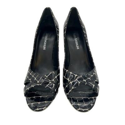 Enzo Angiolini Peep Toe Heels Black White Croc Print Pumps Size 7.5M - Image 2