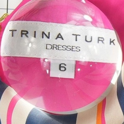 Trina Turk Dress Women's Size 6 Navy Pink Orange Striped Sheath Kentucky Derby - Image 4