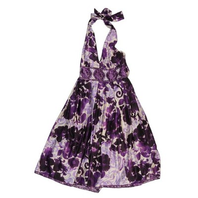 Adrianna Papell Silk Halter Dress Women's Size 8 Purple Floral Sequin Cocktail - Image 2