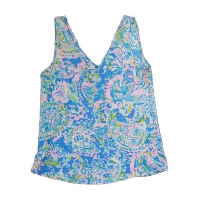 Lilly Pulitzer Top Women's Size Small Blue Pink Paisley Slub 100% Cotton Tank - Image 3