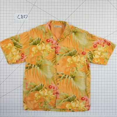 Tommy Bahama 100% Silk Men's Size XL Yellow Orange Tropical Floral Palm Button - Image 7