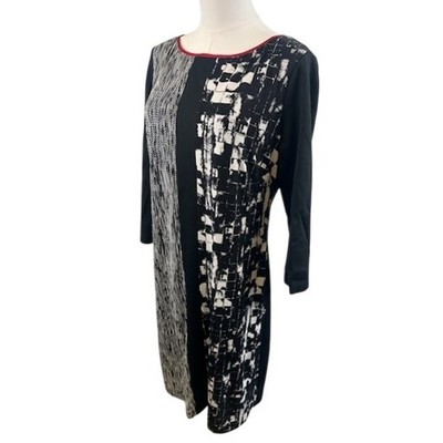 Adrianna Papell Black White Red Abstract Floral Print 3/4 Sleeve Dress Size 12 - Image 2