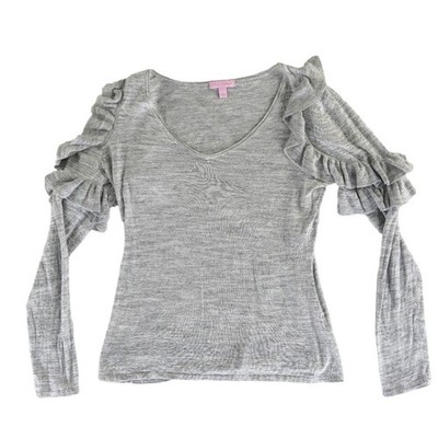 Lilly Pulitzer Sweater Women's Size Large Gray Puff Ruffle Shoulder V-Neck - Image 2