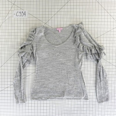 Lilly Pulitzer Sweater Women's Size Large Gray Puff Ruffle Shoulder V-Neck - Image 7