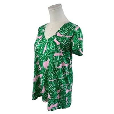 New Lilly Pulitzer V Neck Tunic Top Blouse Green Pink Palm Leaf Print Size Small - Image 2