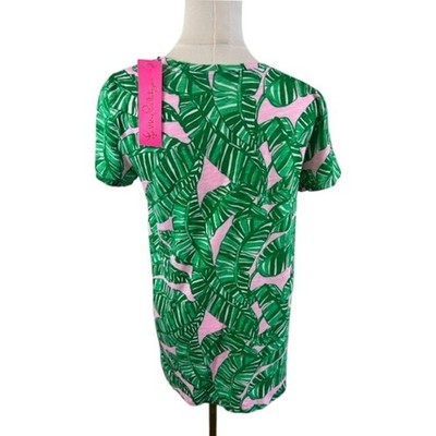 New Lilly Pulitzer V Neck Tunic Top Blouse Green Pink Palm Leaf Print Size Small - Image 4