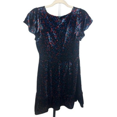 Y2K LOFT Velvet Multi Floral Flutter Navy Blue Sleeve Dress Women's Size 4 - Image 2