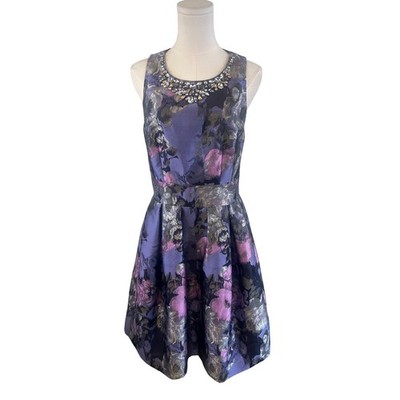 Eliza J Floral Fit & Flare Dress Jewel Party Cocktail Purple Brocade Lk Size 10