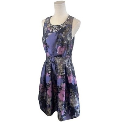Eliza J Floral Fit & Flare Dress Jewel Party Cocktail Purple Brocade Lk Size 10 - Image 2