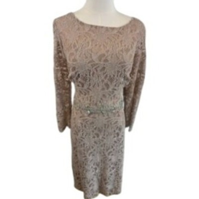 Jackie Jon New York Beige Lace Dress Women's Long Sleeve Rhinestone Size 14