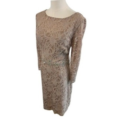 Jackie Jon New York Beige Lace Dress Women's Long Sleeve Rhinestone Size 14 - Image 2