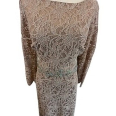 Jackie Jon New York Beige Lace Dress Women's Long Sleeve Rhinestone Size 14 - Image 3