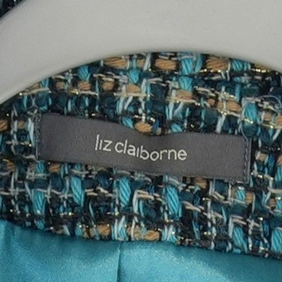 Vintage Liz Claiborne Blazer Womens Size 12 Teal Tweed Velvet Trim Jacket - Image 5