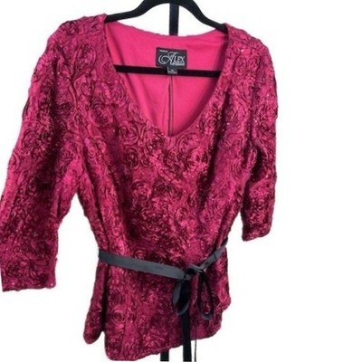 Alex Evenings Top Women's Size 1X Magenta Rosette Sequin V Belted Top Evening - Image 3