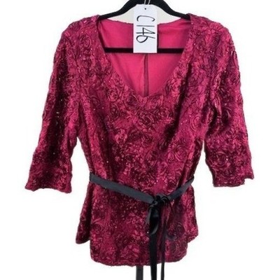 Alex Evenings Top Women's Size 1X Magenta Rosette Sequin V Belted Top Evening - Image 8