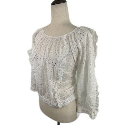 White House Black Market WHBM Eyelet Blouse Top White Ruffle Trim Size Large - Image 3