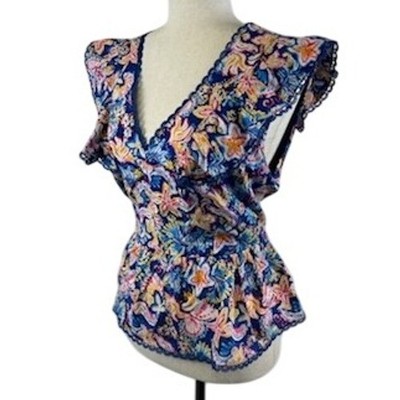 NWT Nanette Lepore Floral Ruffle Sleeve Blouse Top Blue Size Medium - Image 2