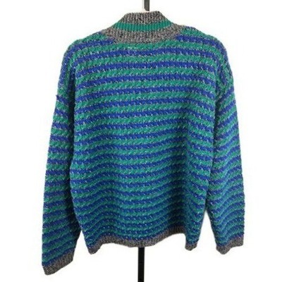 Benetton Sweater Men's Size 50 Large Blue Green Gray Striped Wool Vintage - Image 2