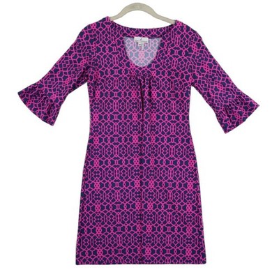 Jude Connally Dress Women's Size XS Pink Navy Geometric Trellis Ruffle Shift - Image 2