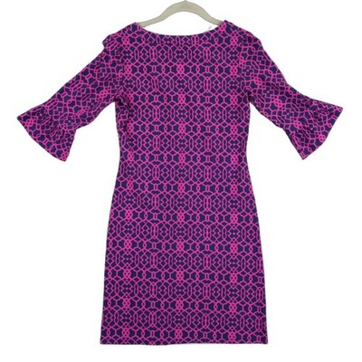 Jude Connally Dress Women's Size XS Pink Navy Geometric Trellis Ruffle Shift - Image 3