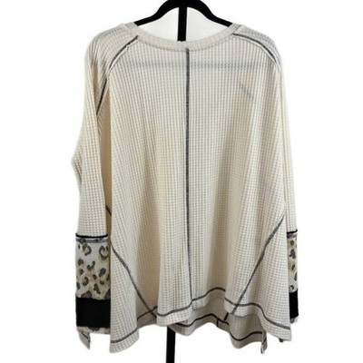 We The Free People Top Women's Size Medium Cream Waffle Leopard Cuff Shirt - Image 3