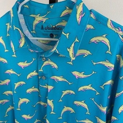 Chubbies Polo Shirt Men's Size XL Blue Yellow Pink Dolphin Print Golf Too - Image 3