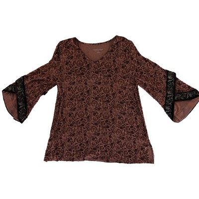 Soft Surroundings Blouse Women's Size Medium Floral Burnout Velvet Bell Sleeve - Image 2