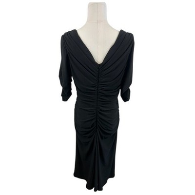 Alex Evenings Ruched Black Midi Dress V-Neck Rhinestone Brooch Party Size 10 - Image 2