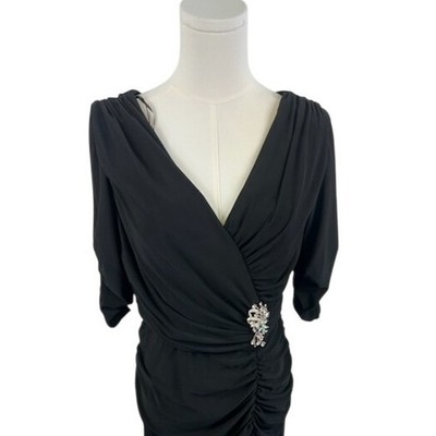 Alex Evenings Ruched Black Midi Dress V-Neck Rhinestone Brooch Party Size 10 - Image 3
