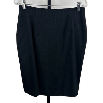 Suzelle Black Silver Thread Pinstripe Wool Pencil Skirt Career Cocktail Size 8