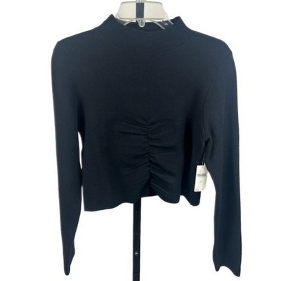 New Anthropologie Black Mock Neck Ruched Cropped Sweater Top Size Medium - Image 2