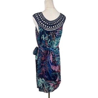 New Soma Chiffon Overlay Dress Sensational Navy Sleeveless Belted Size Medium - Image 2