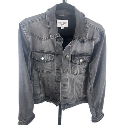 Velvet Heart Denim Jacket Gray Black Distressed Western Jean Jacket Size Medium