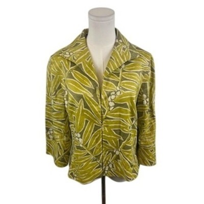 Lafayette 148 New York Green Linen Lined Floral 3/4 Sleeve Blazer Jacket Size 10