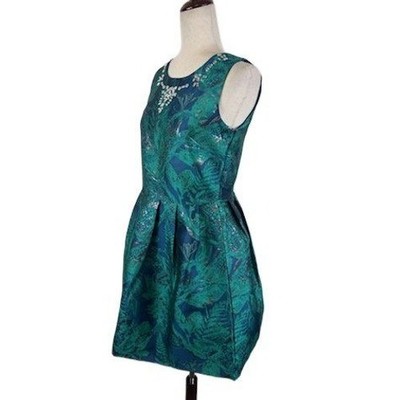 Alison Andrews Women's Size Medium Green Blue Metallic Leaf Fit Flare Dress - Image 2