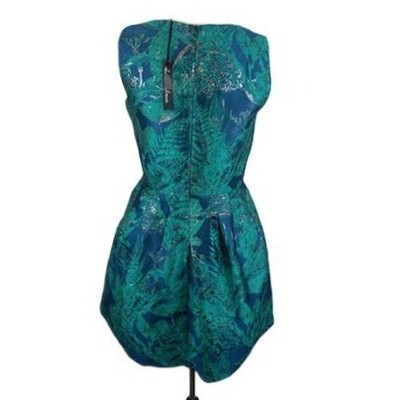 Alison Andrews Women's Size Medium Green Blue Metallic Leaf Fit Flare Dress - Image 3