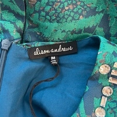 Alison Andrews Women's Size Medium Green Blue Metallic Leaf Fit Flare Dress - Image 5