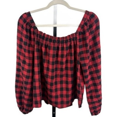 JODIFL Women's Size Small Red Black Buffalo Plaid Smocked Peasant Top - Image 2